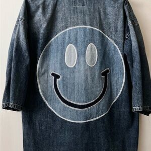 Lucky Brand Blue Denim Don't Worry Be Lucky Smiley Face Kimono Style Jacket SM